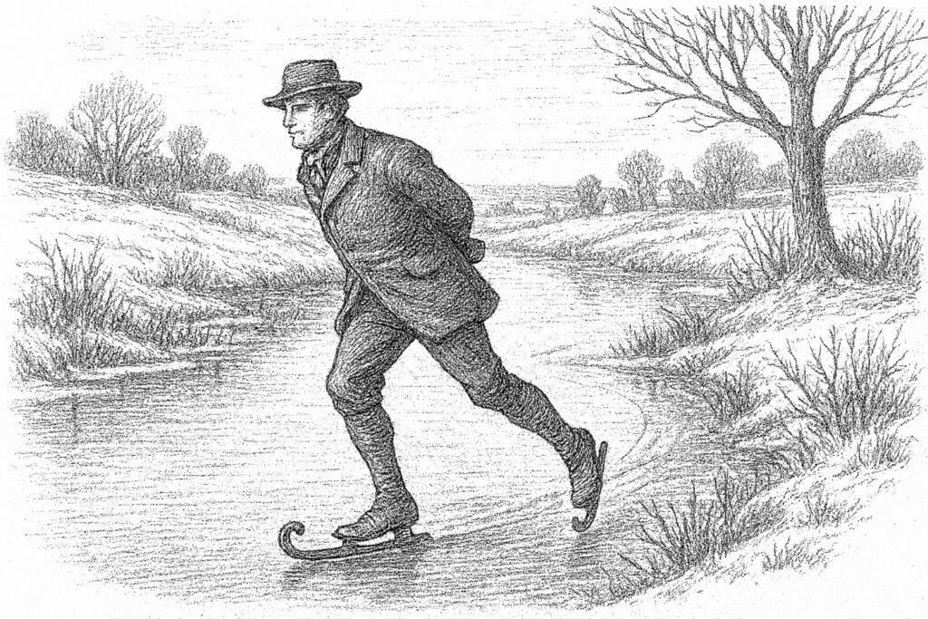 Schlittschuhläufer, Bild im Stil eines Kupferstiches, KI-generiert