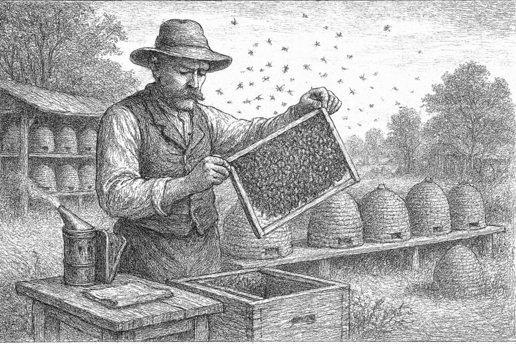 So könnte die Imkerei um 1893 ausgesehen haben. Ki generiert.